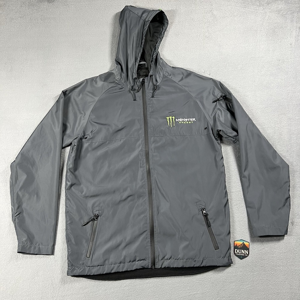 Monster Energy Rain Jacket Mens XL Gray Hooded Windbreaker Full Zip Logo